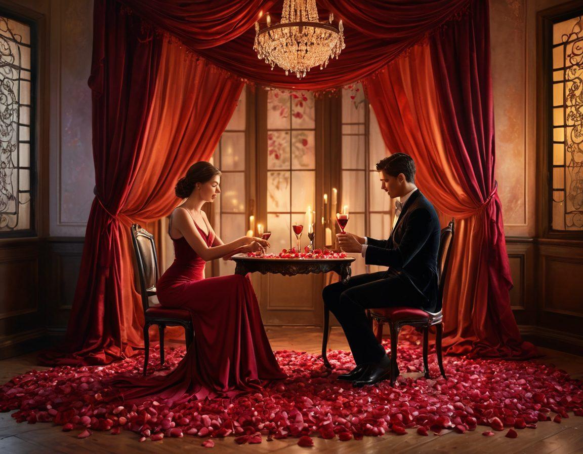 A mystical dimly lit room adorned with rich velvet drapes, a soft glow of candlelight casting shadows on elegant lovers entwined in an intimate dance, surrounded by fragrant rose petals and soft music notes floating through the air. A glass of red wine rests on a small antique table, symbolizing romance and connection. Illustration infused with warmth and allure. super-realistic. vibrant colors. soft focus.