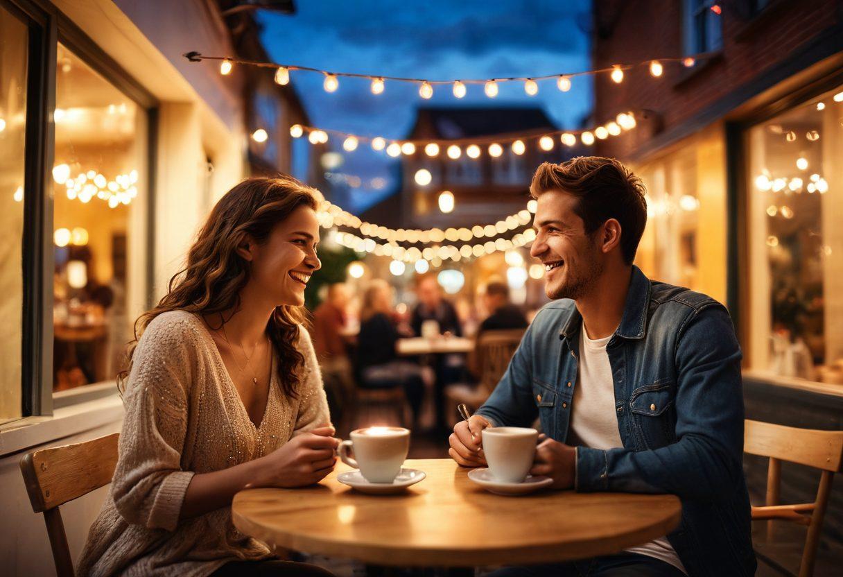 A romantic scene depicting a couple in a lively café, sharing laughter over coffee, surrounded by soft, glowing fairy lights, with an alluring sunset in the background. Their playful glances and warm smiles convey increasing intimacy, showcasing a journey from flirtation to passion. Emphasize warm colors and a dreamy, whimsical atmosphere. vibrant colors. super-realistic. soft-focus.